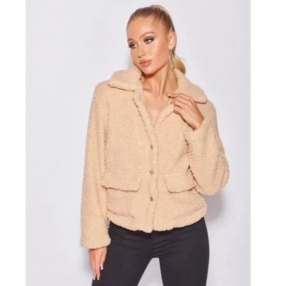 Jackets & Blazers - Camel Long Sleeve Collared Teddy Bear Fur Trucker Jacket